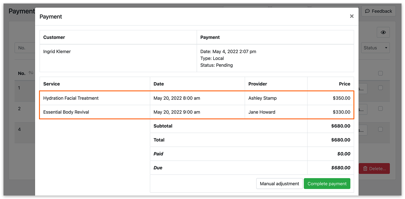 Payment details in Bookly