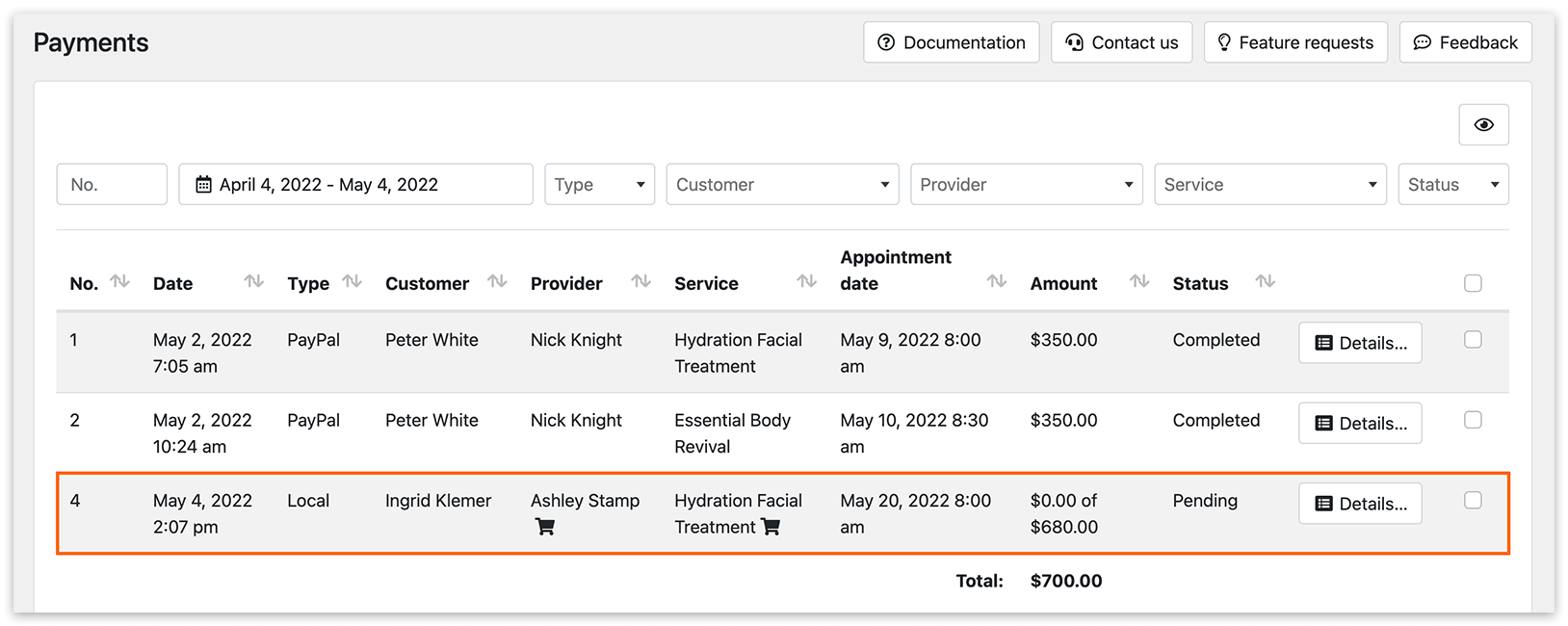 Payments section in Bookly