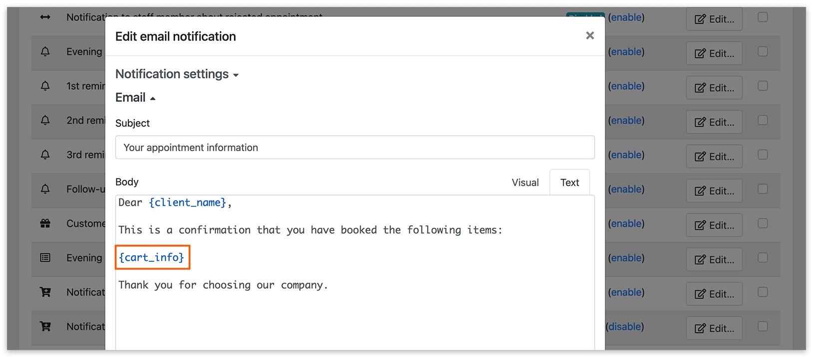Email notifications section in Bookly