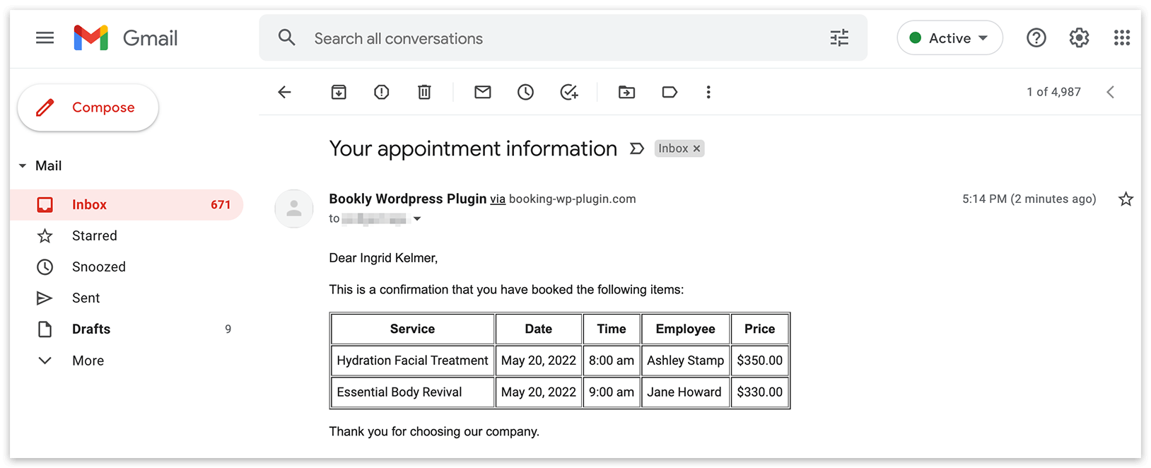 An example of Bookly notification received by client
