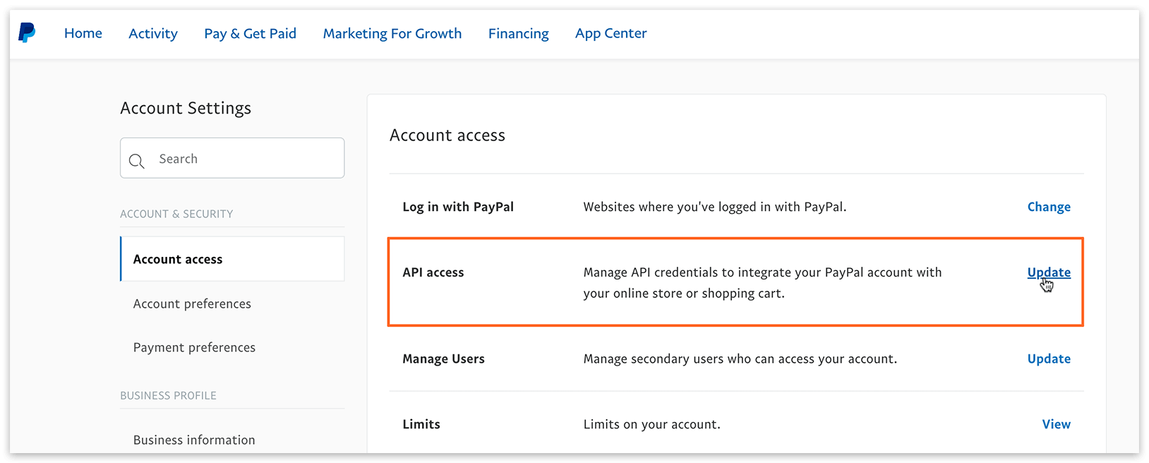 PayPal account settings