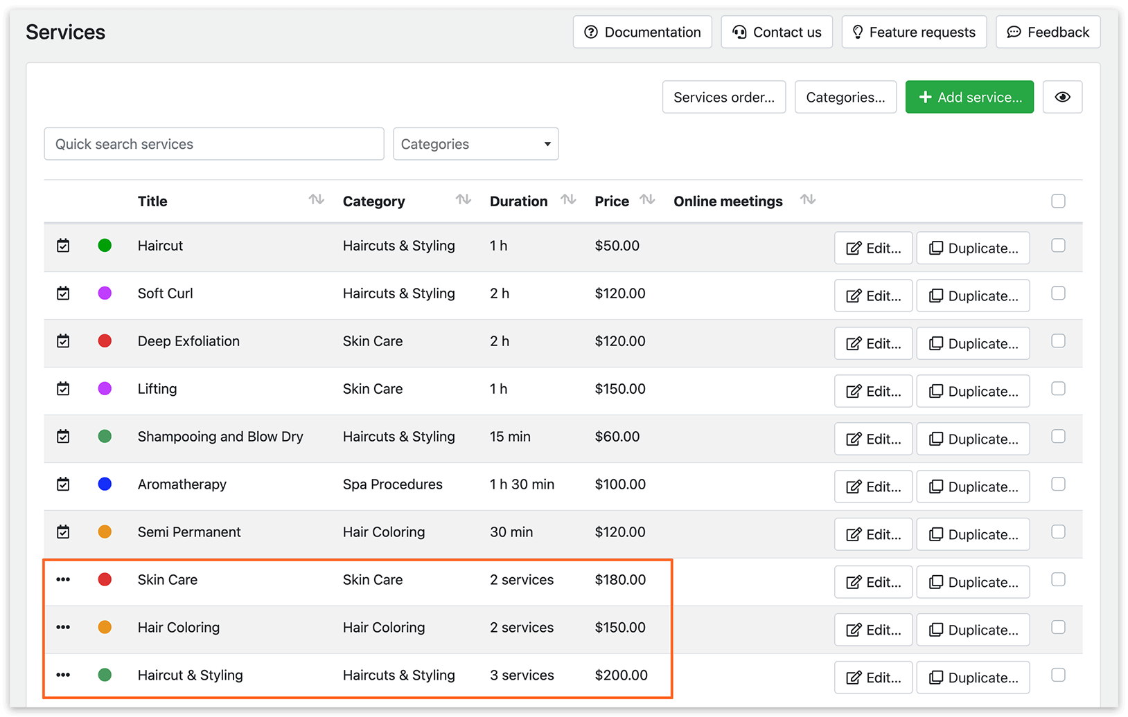 Services section in Bookly PRO