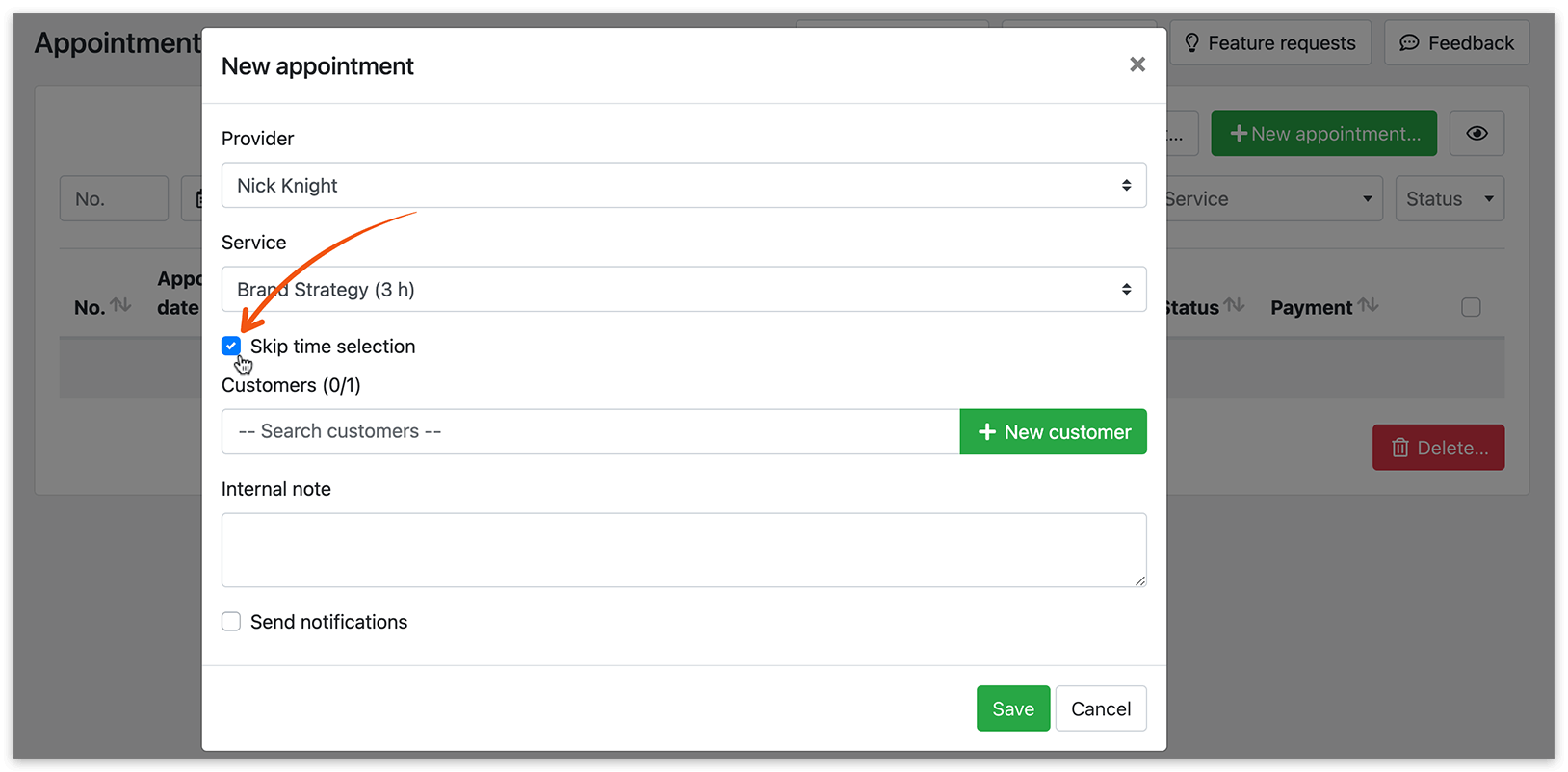 New appointment window in Bookly backend