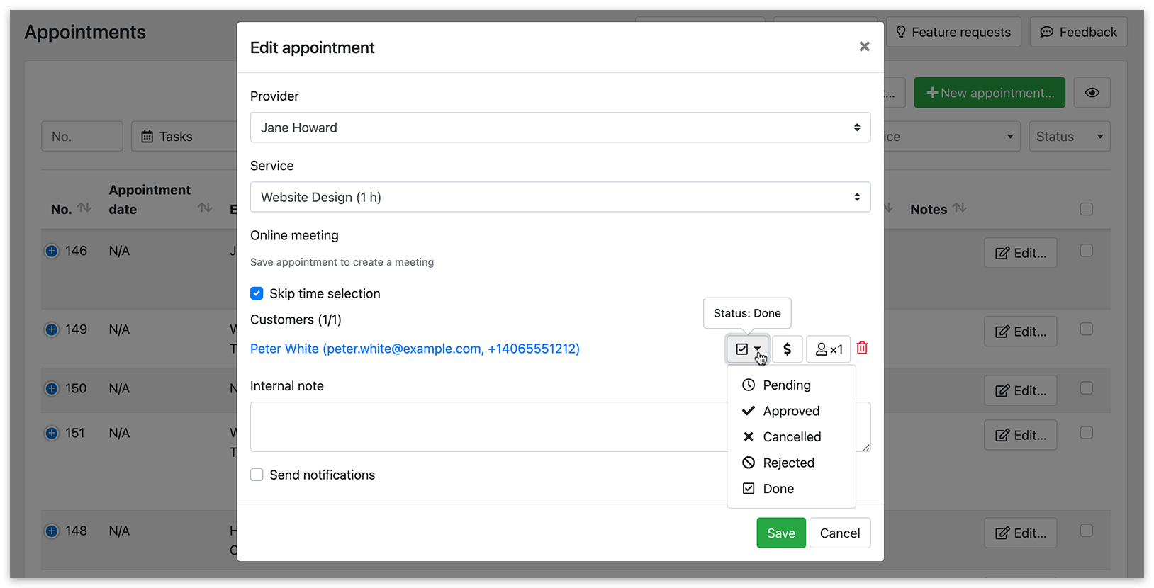 Update the appointment's status