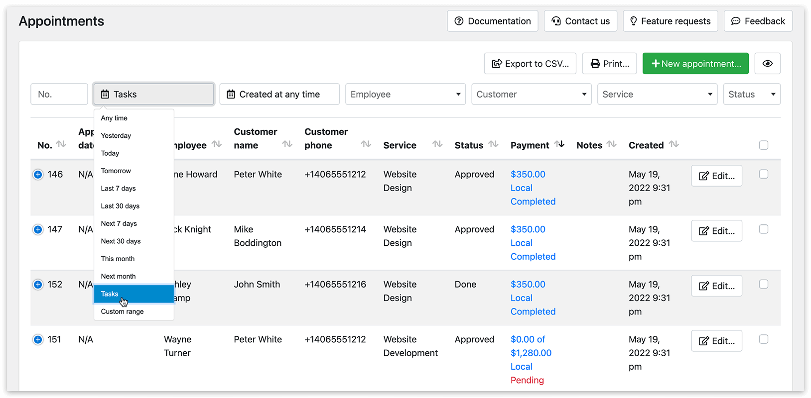 Appointments section in Bookly