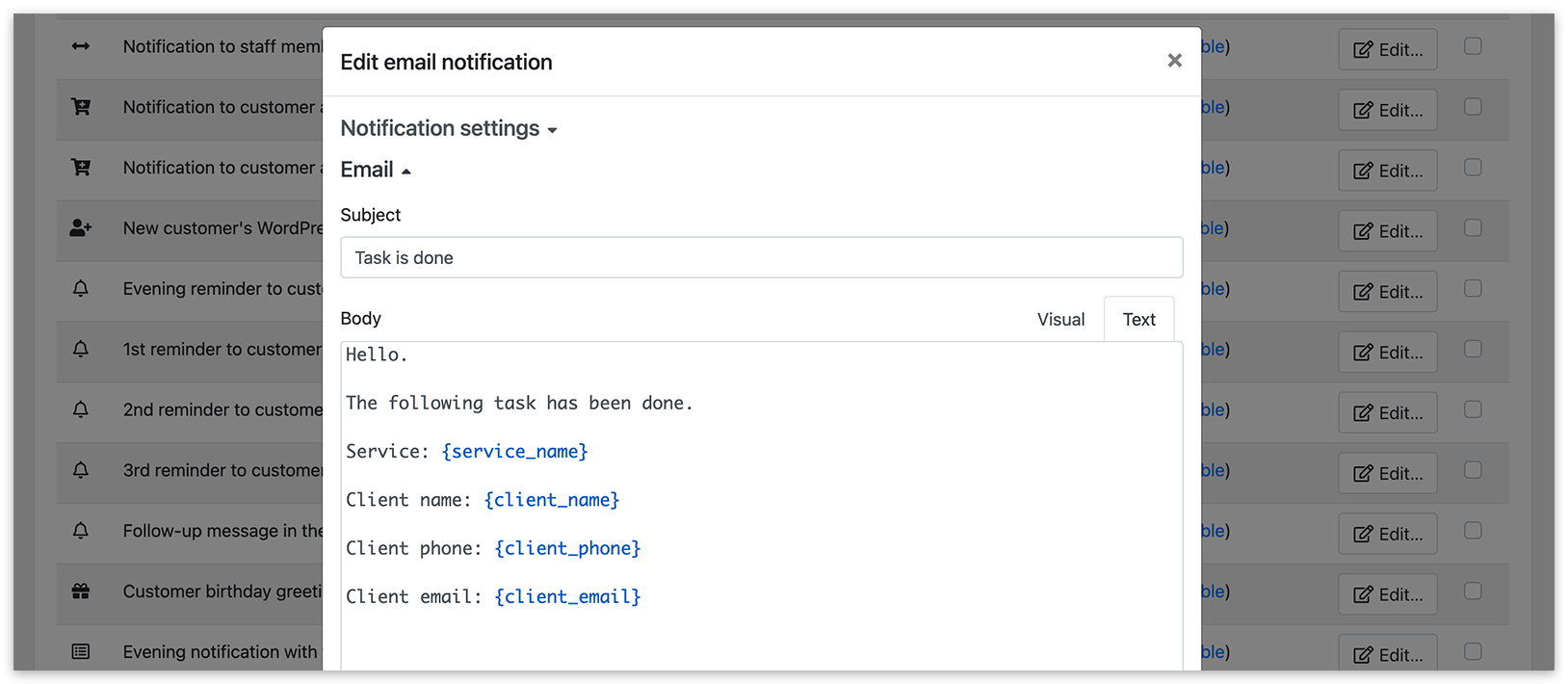 Email notifications section in Bookly