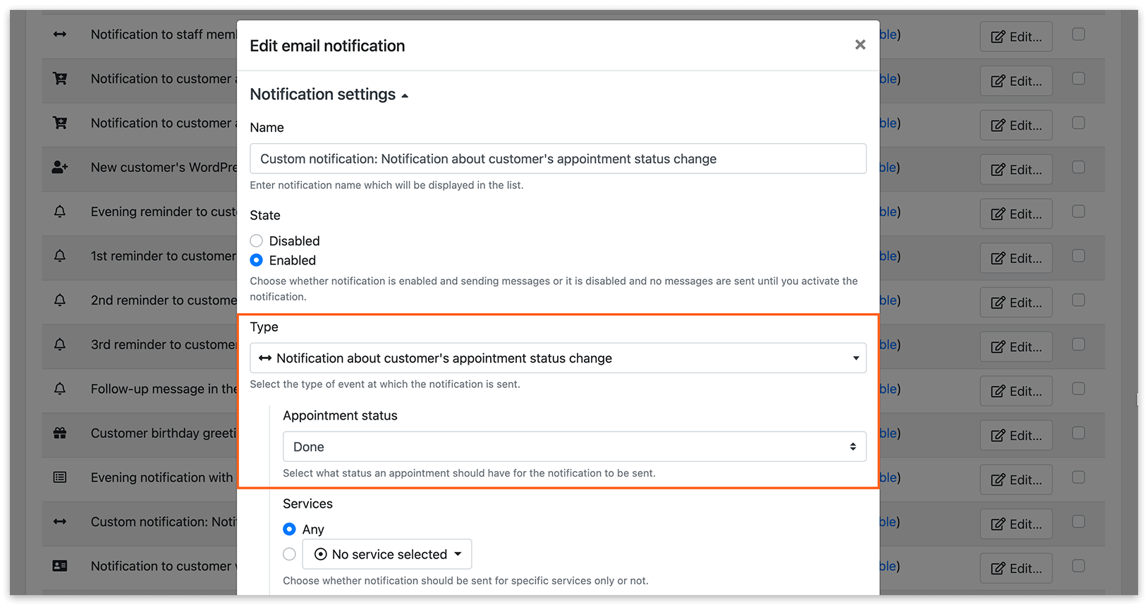 Email notifications section in Bookly