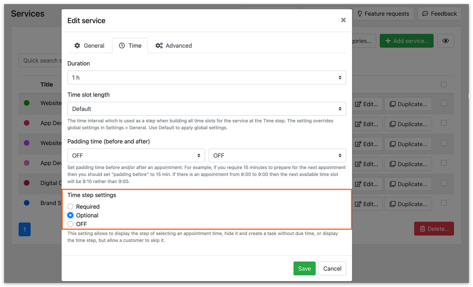 Service card in Bookly – Time tab