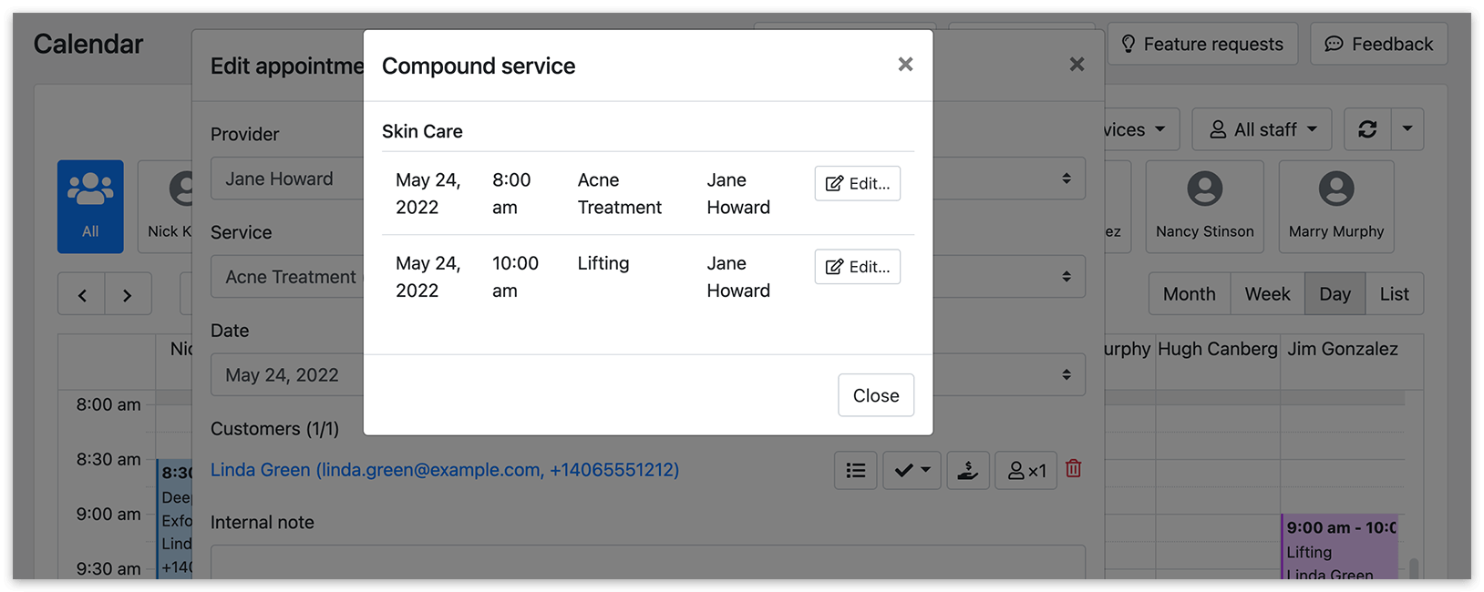 Edit appointment window – compound service details