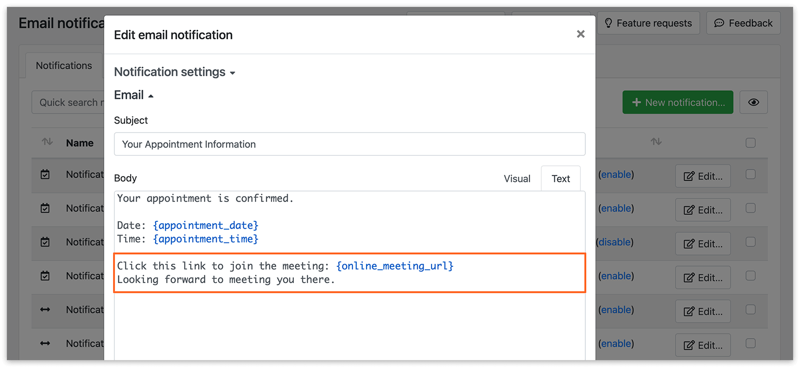 Email notifications section in Bookly