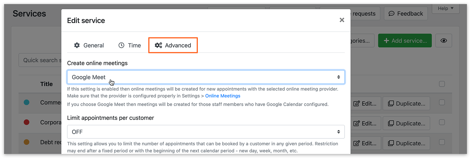 Service settings in Bookly - Zoom integration