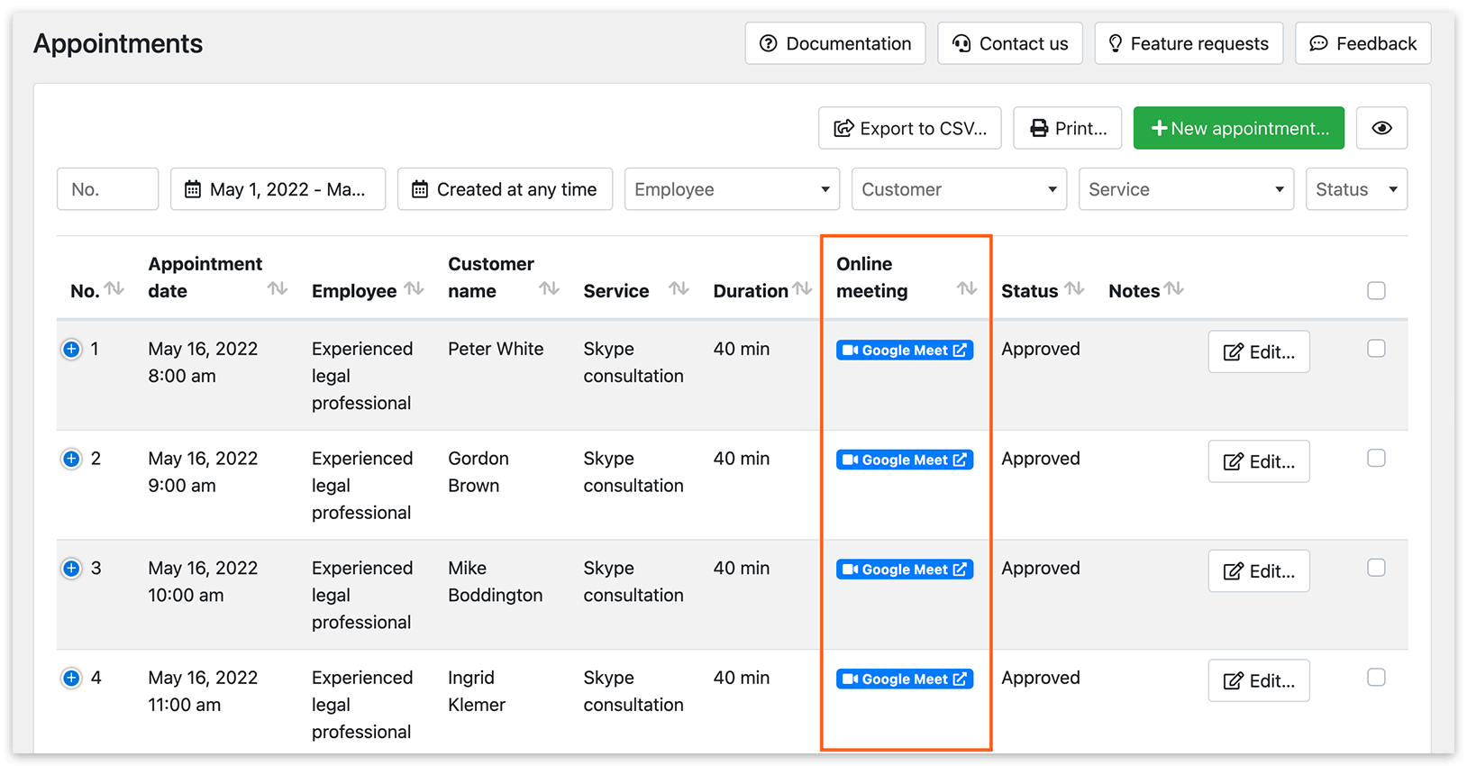 Appointments section in Bookly