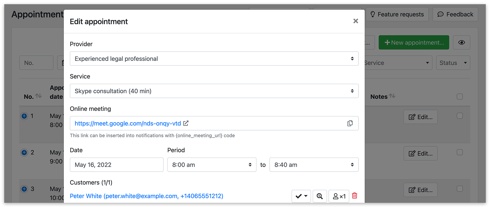 Appointment details window in Bookly