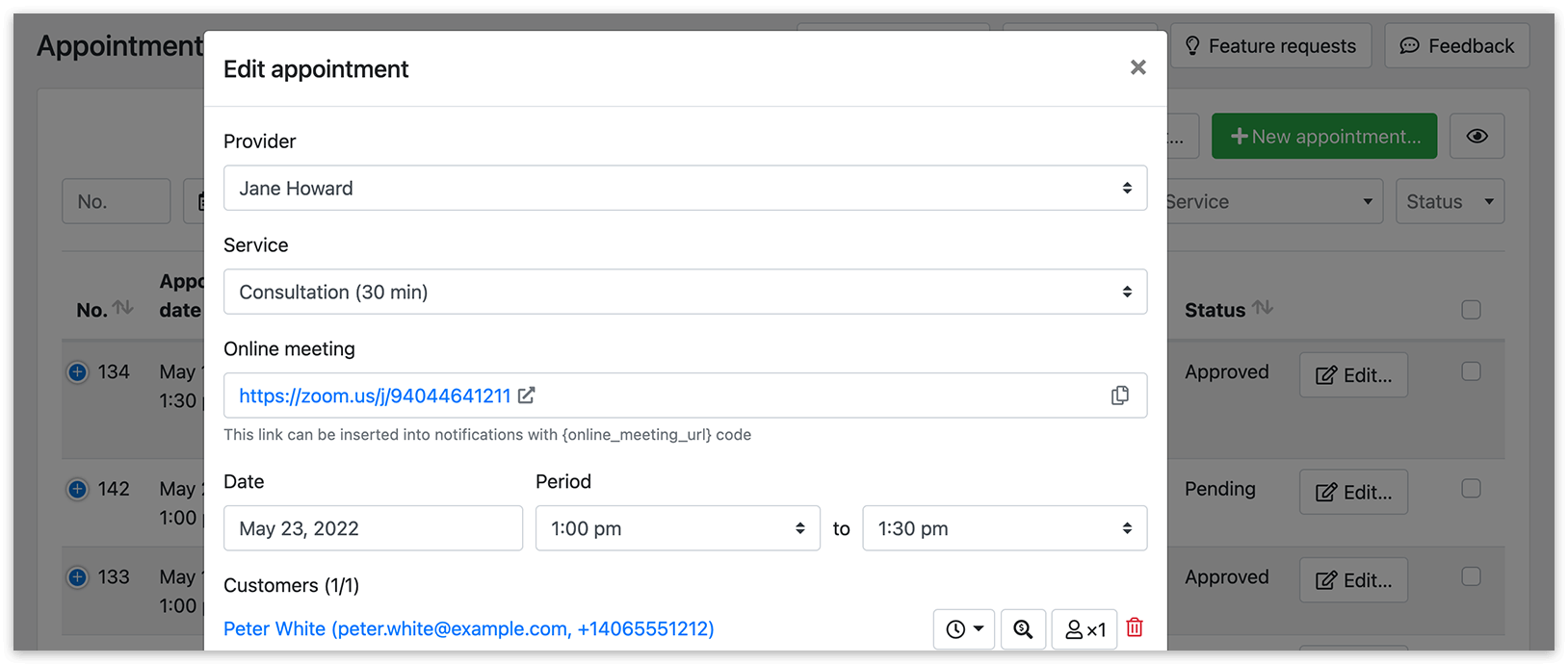 Appointment details window in Bookly