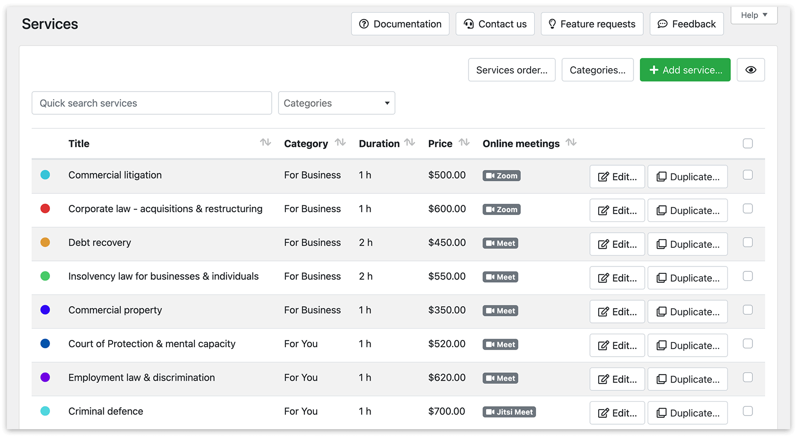 Services section in Bookly