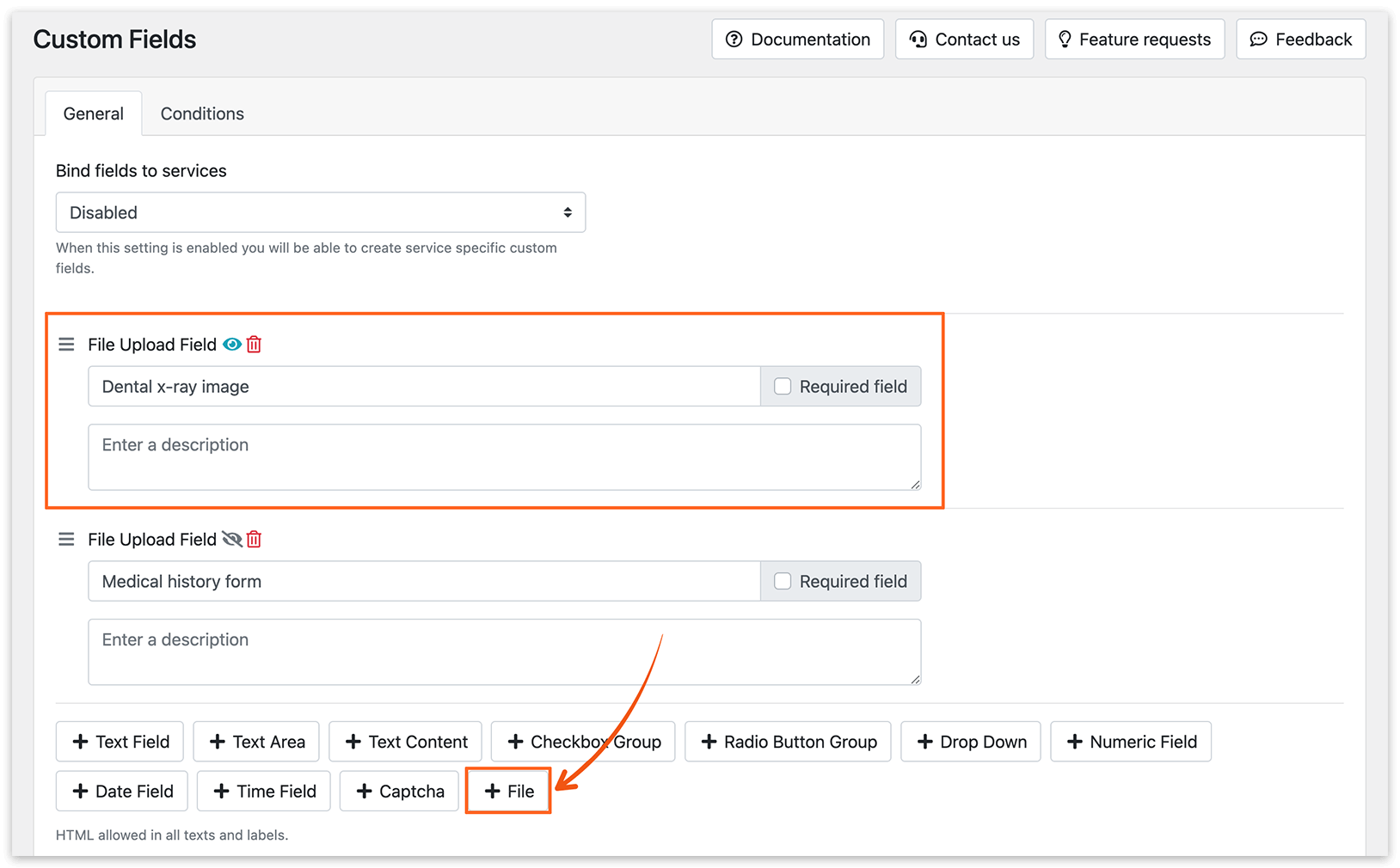 Custom Fields section in Bookly