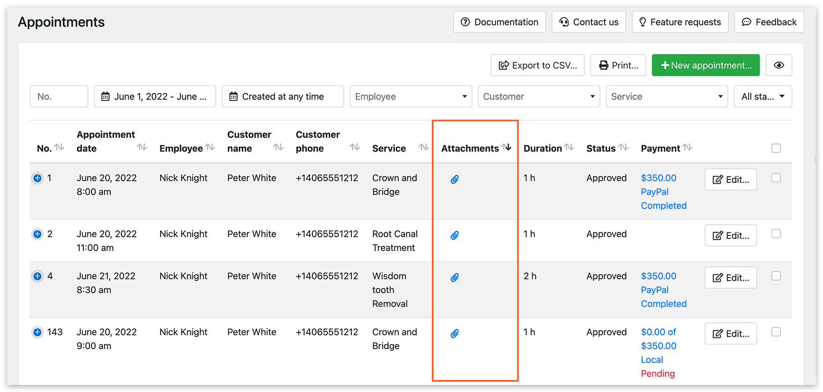 Appointments section in Bookly