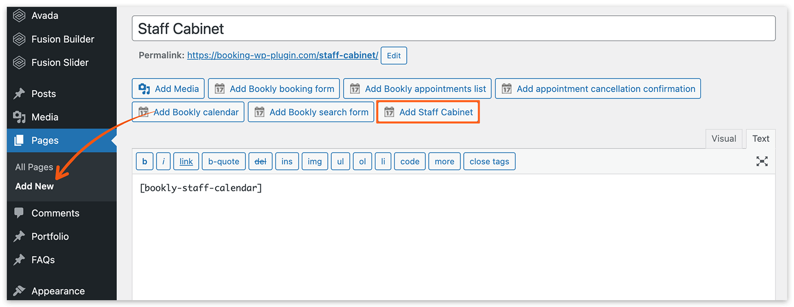 Armoire à personnel Bookly dans l’éditeur de page WP classique