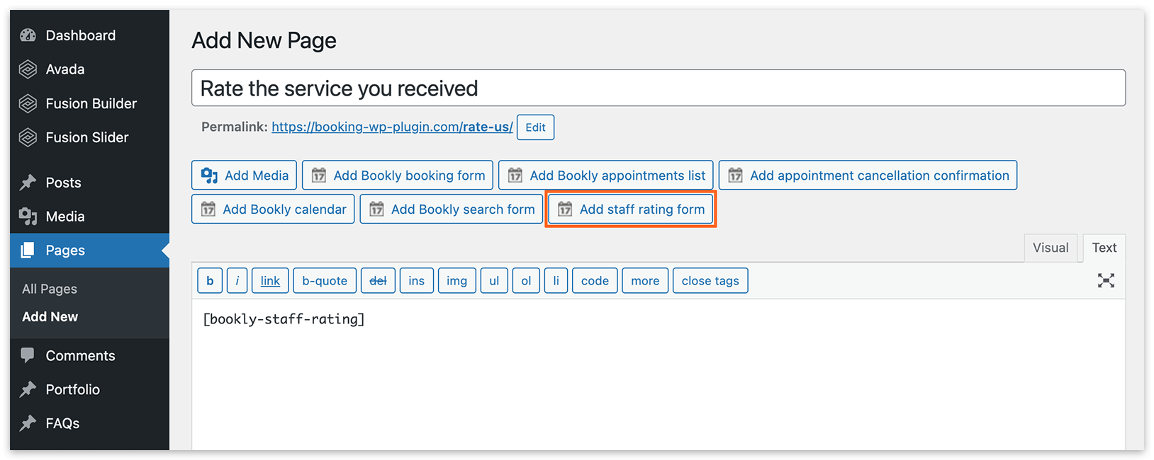 Add Bookly Staff rating form in page editor
