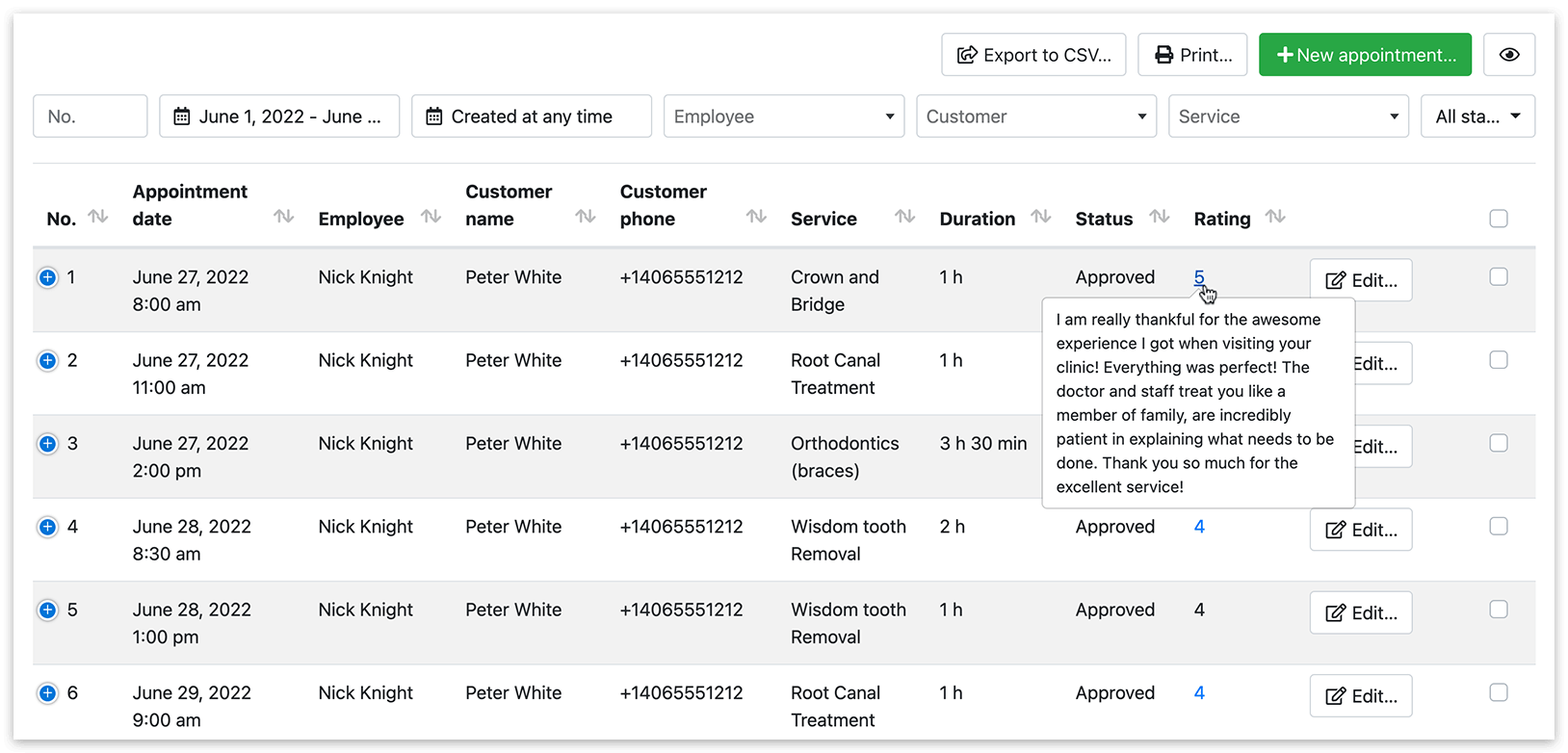 Appointments section in Bookly