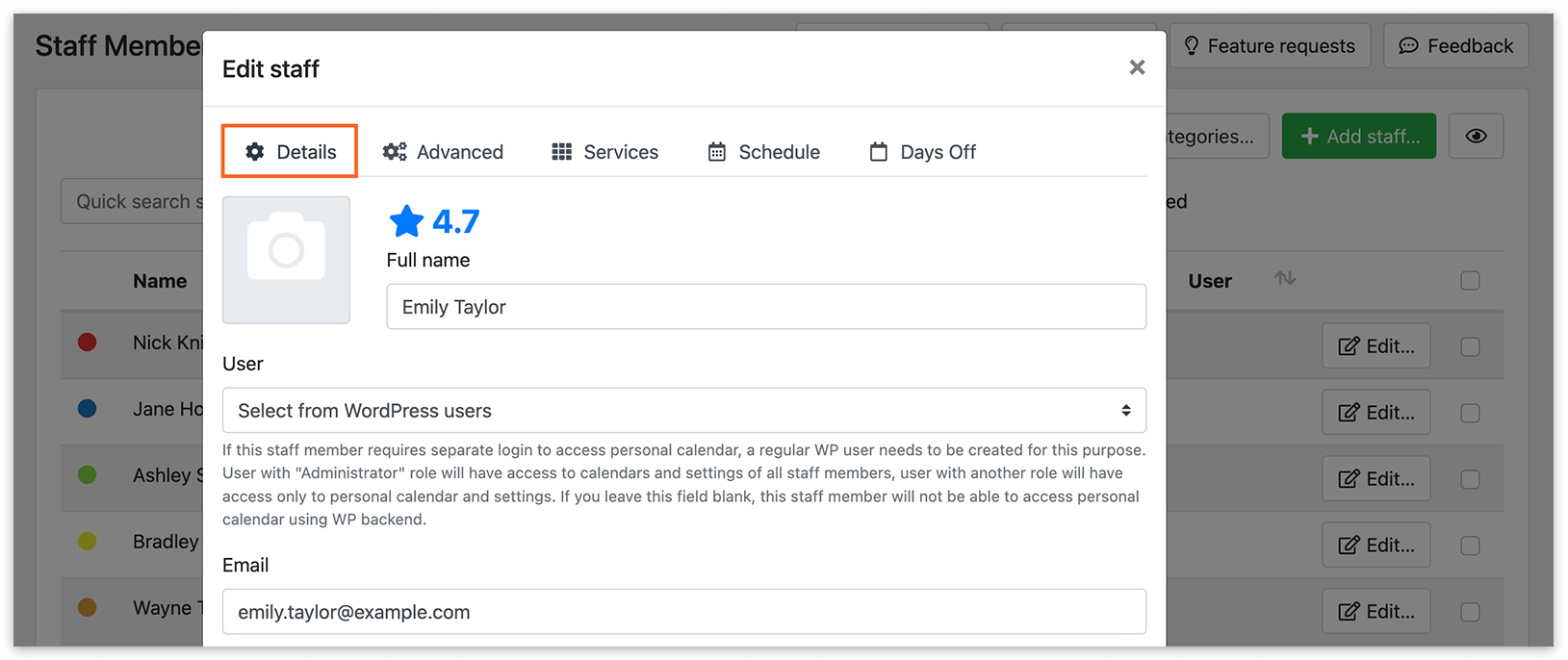 Staff members section in Bookly