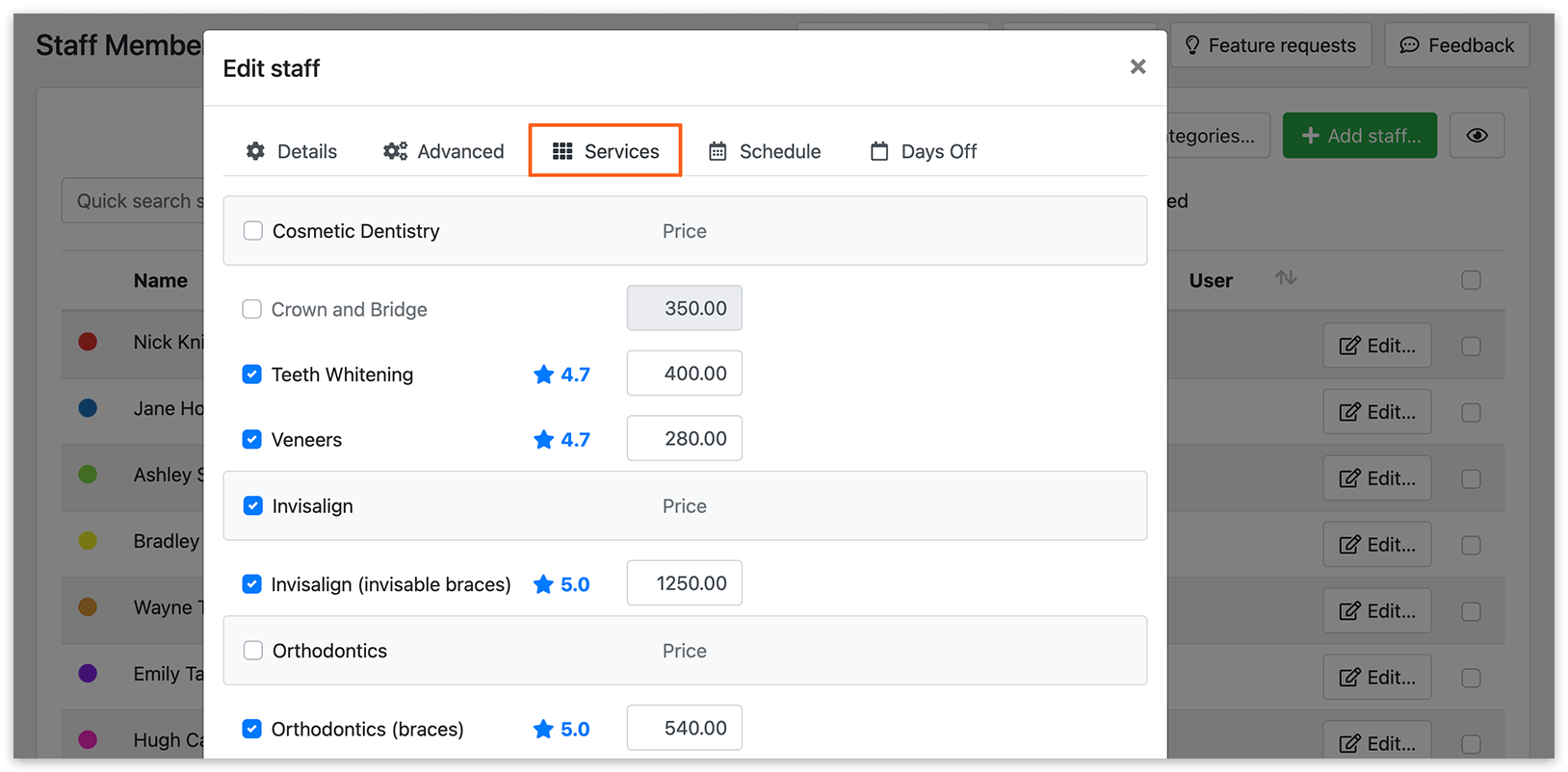 Staff members section in Bookly