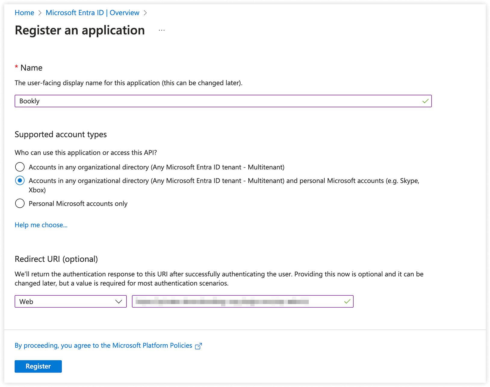 Register an application on Azure portal