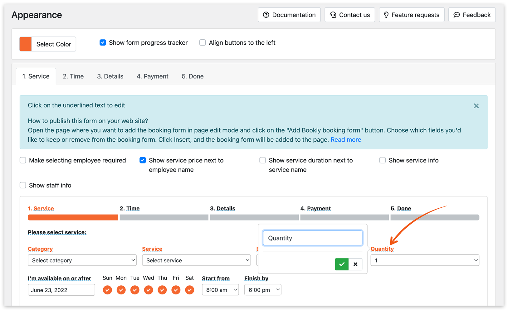 Appearance section in Bookly – Quantity field