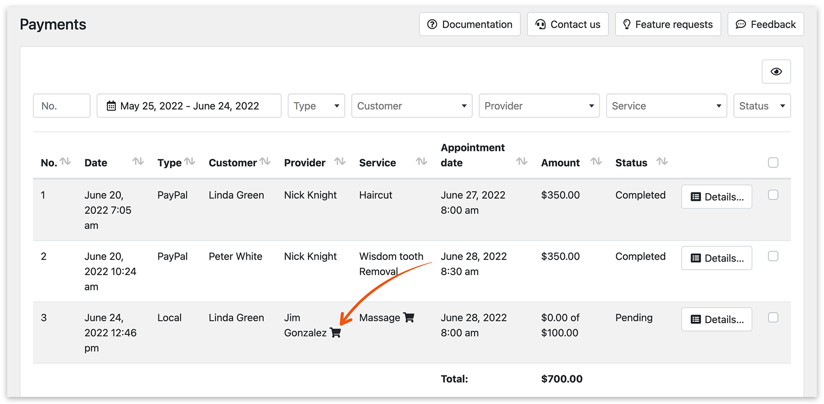 Payments section in Bookly