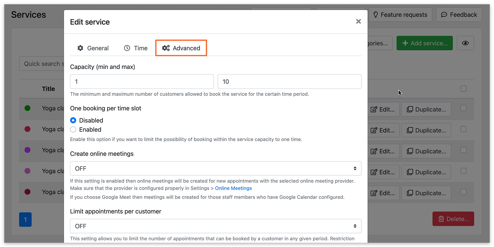 Services section in Bookly