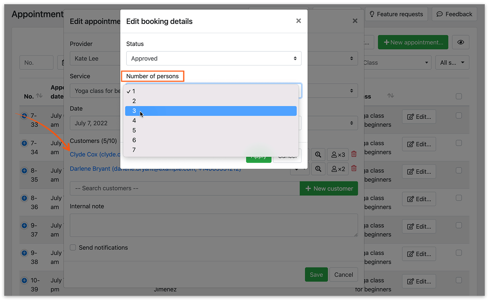 Edit booking details window in Bookly