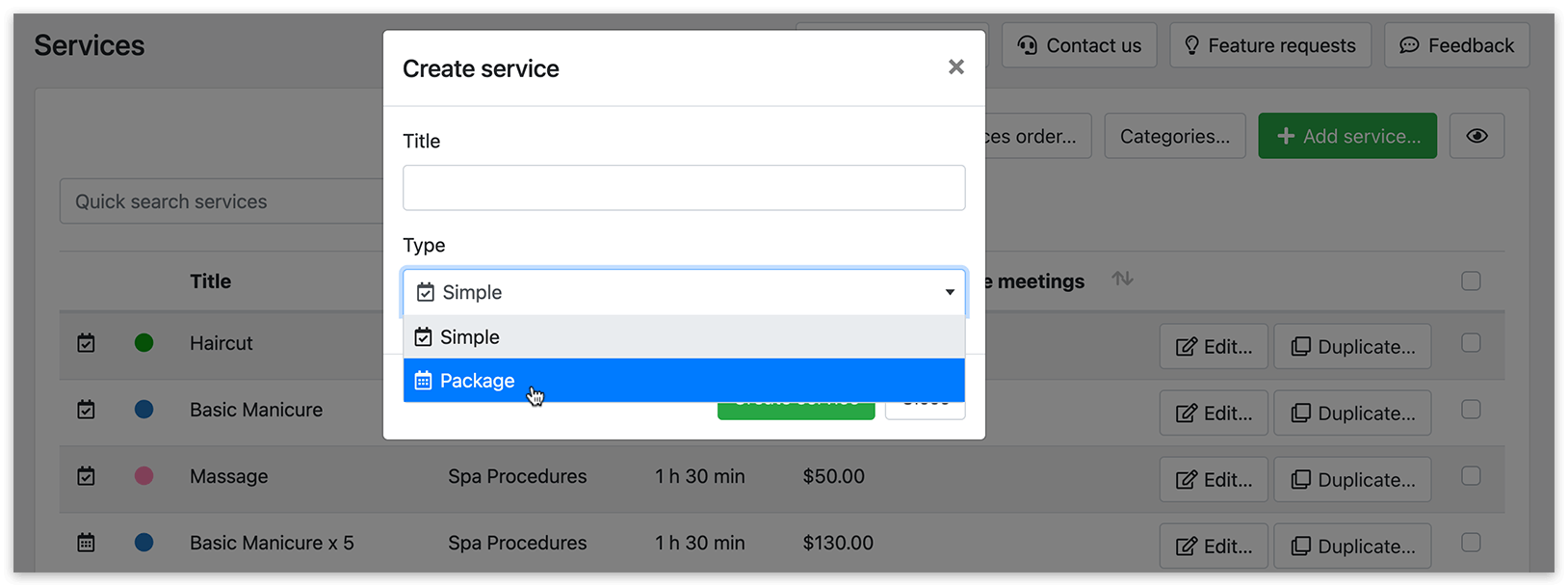 Services section in Bookly