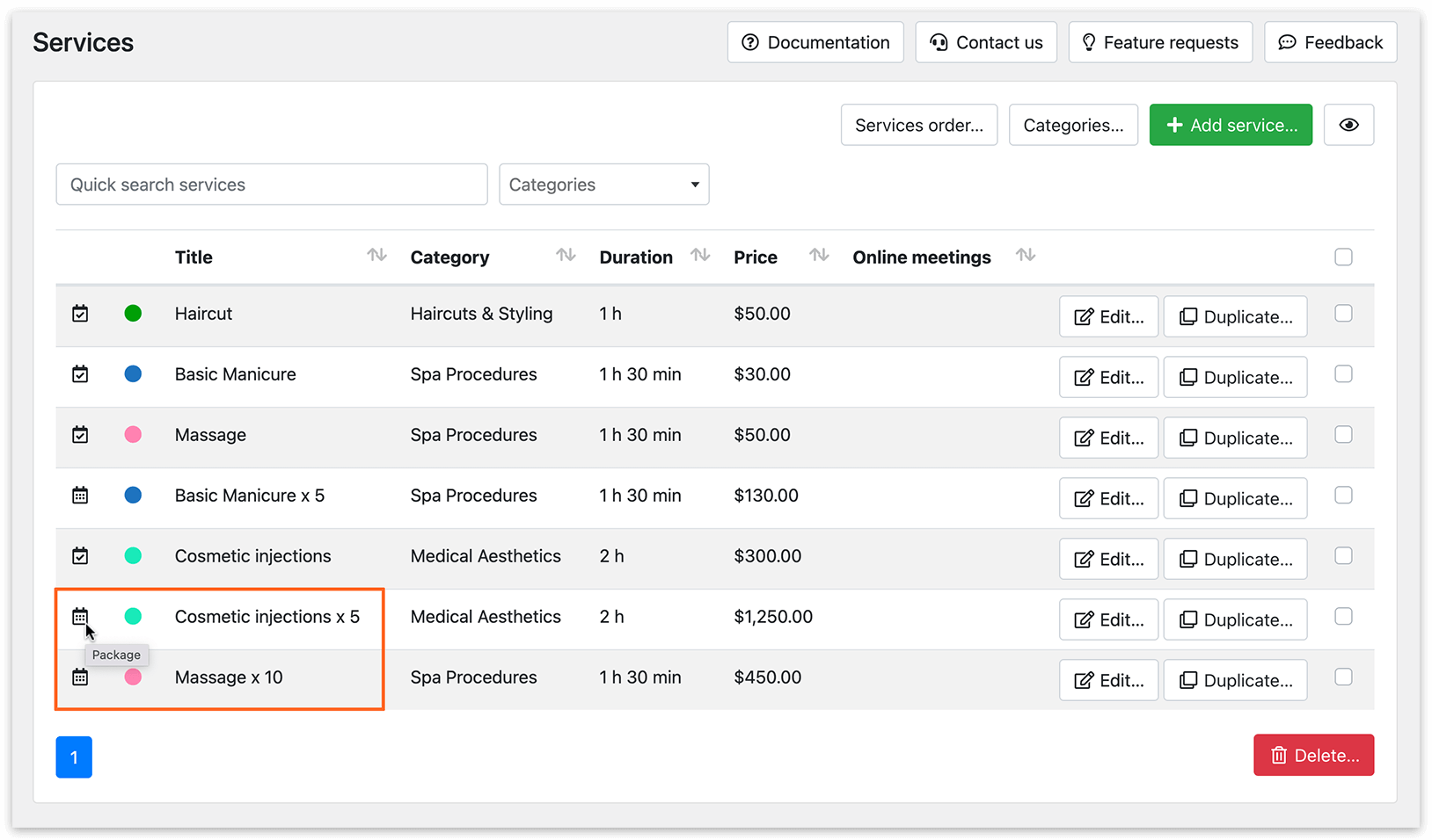 Services section in Bookly