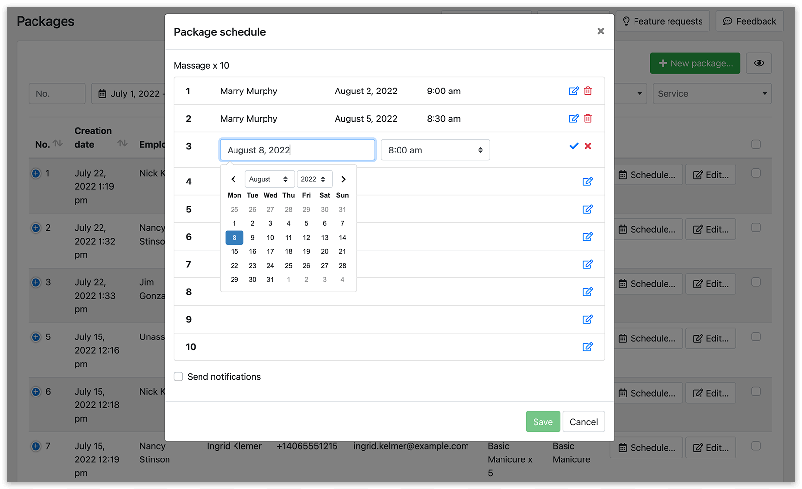 Package schedule in Bookly