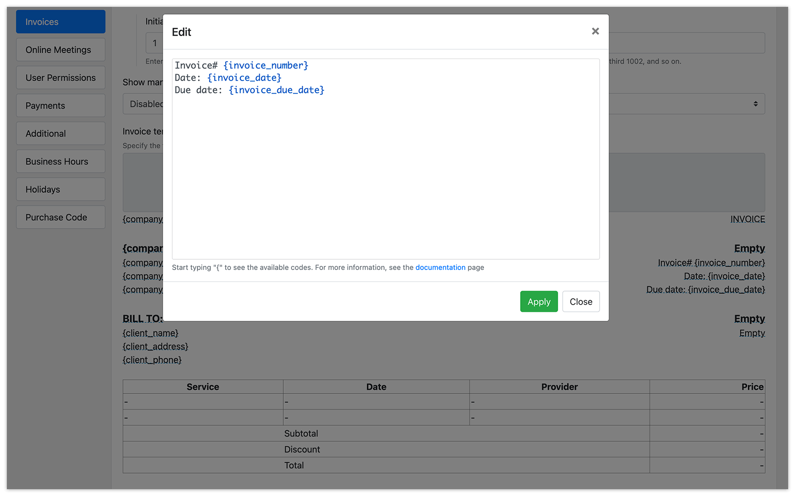 Edit invoice template in Bookly