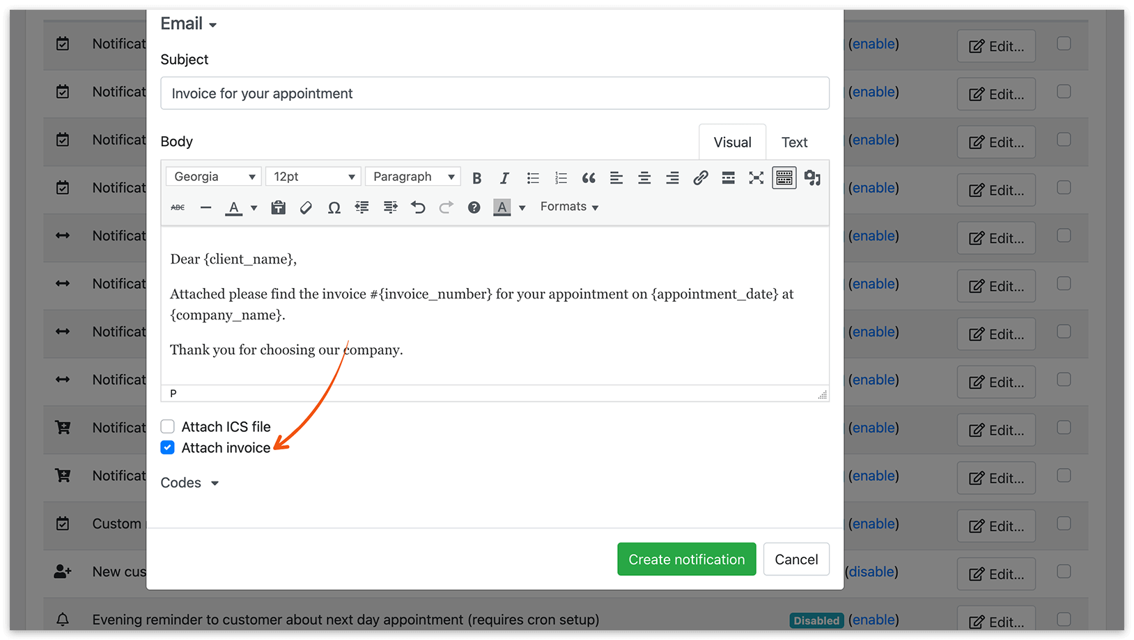Email notifications section in Bookly – Attach invoice