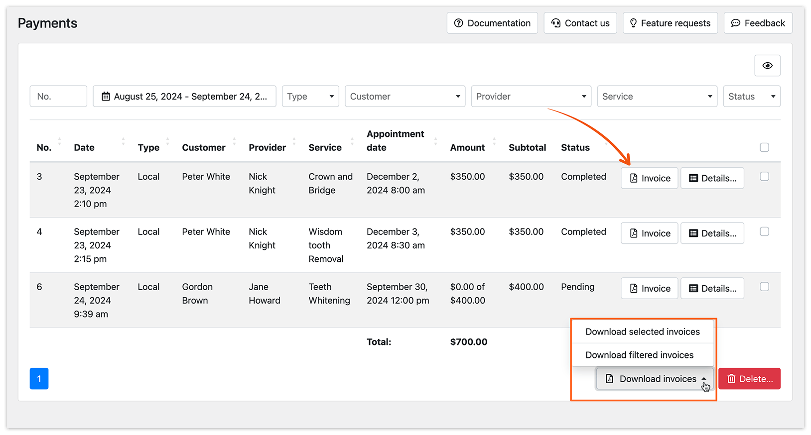 Payments section in Bookly – Download invoices