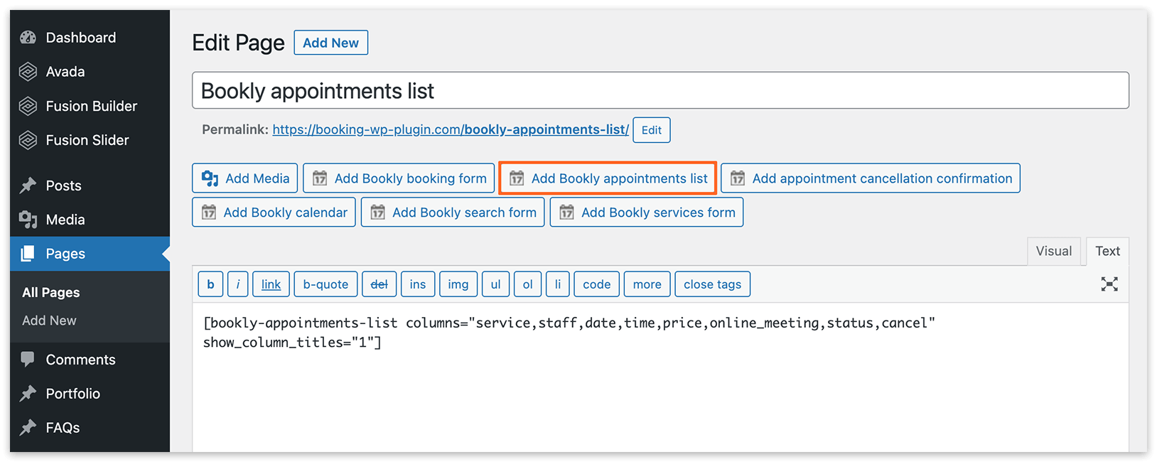 Add Bookly appointments list to a page