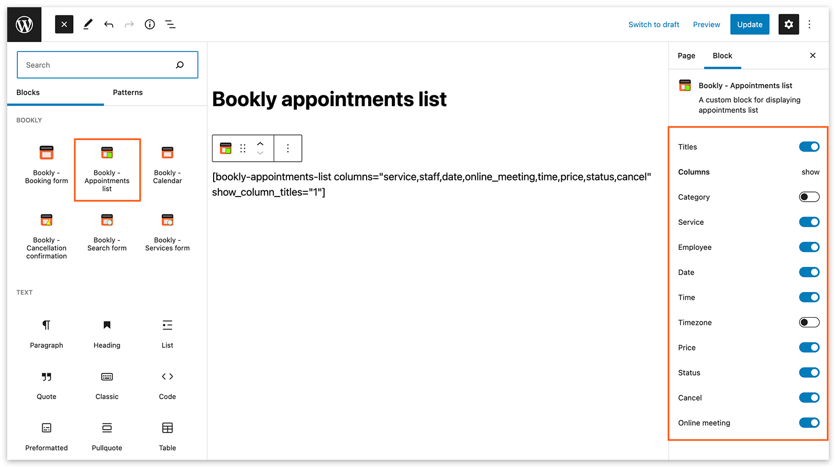 Add Bookly appointments list to a page – Gutenberg editor