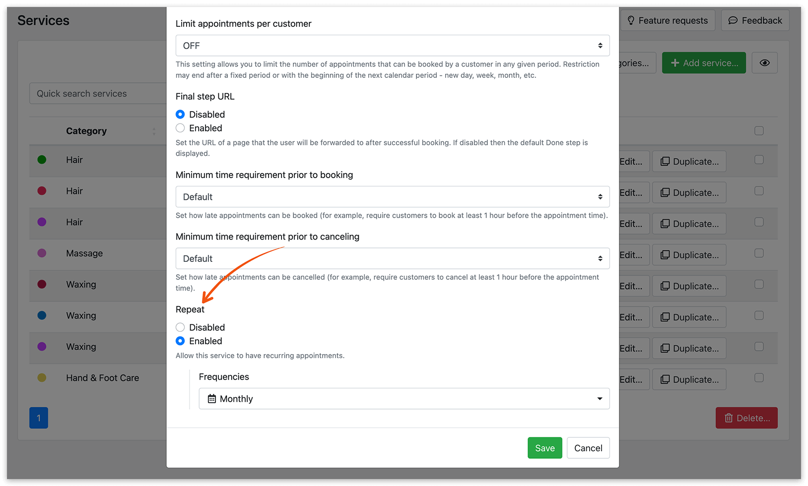Services section in Bookly – Repeat interval