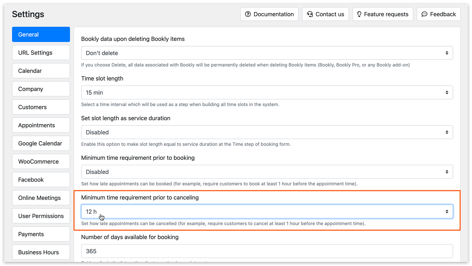 Settings in Bookly PRO –&nbsp;Minimum time requirement prior to canceling