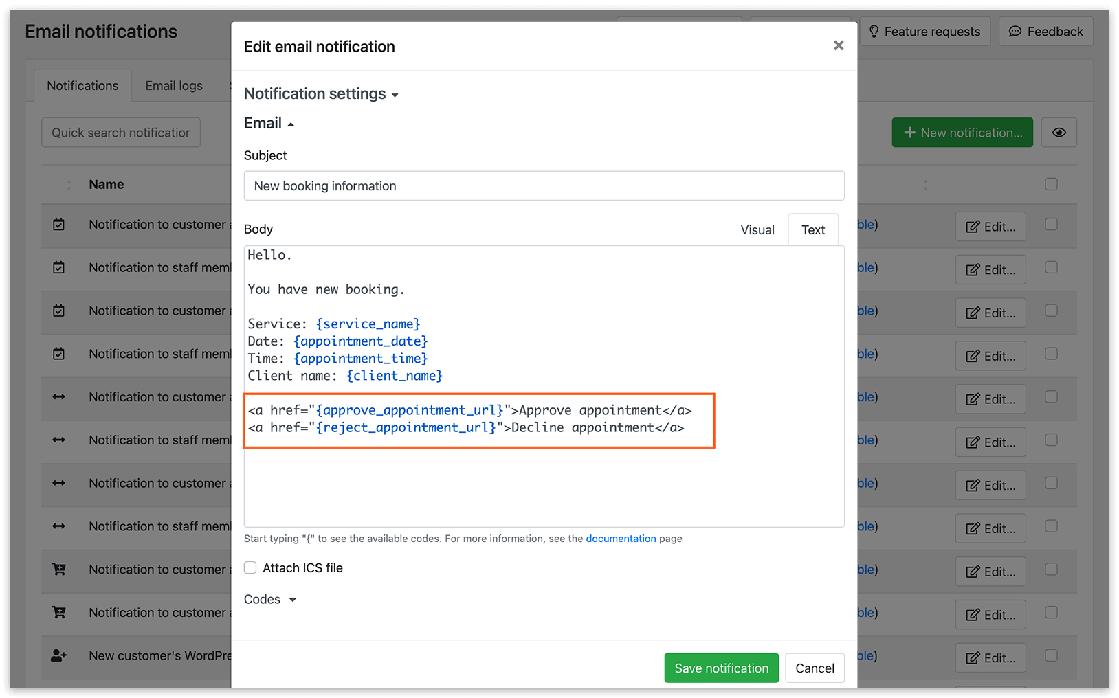 Email notifications section in Bookly – template
