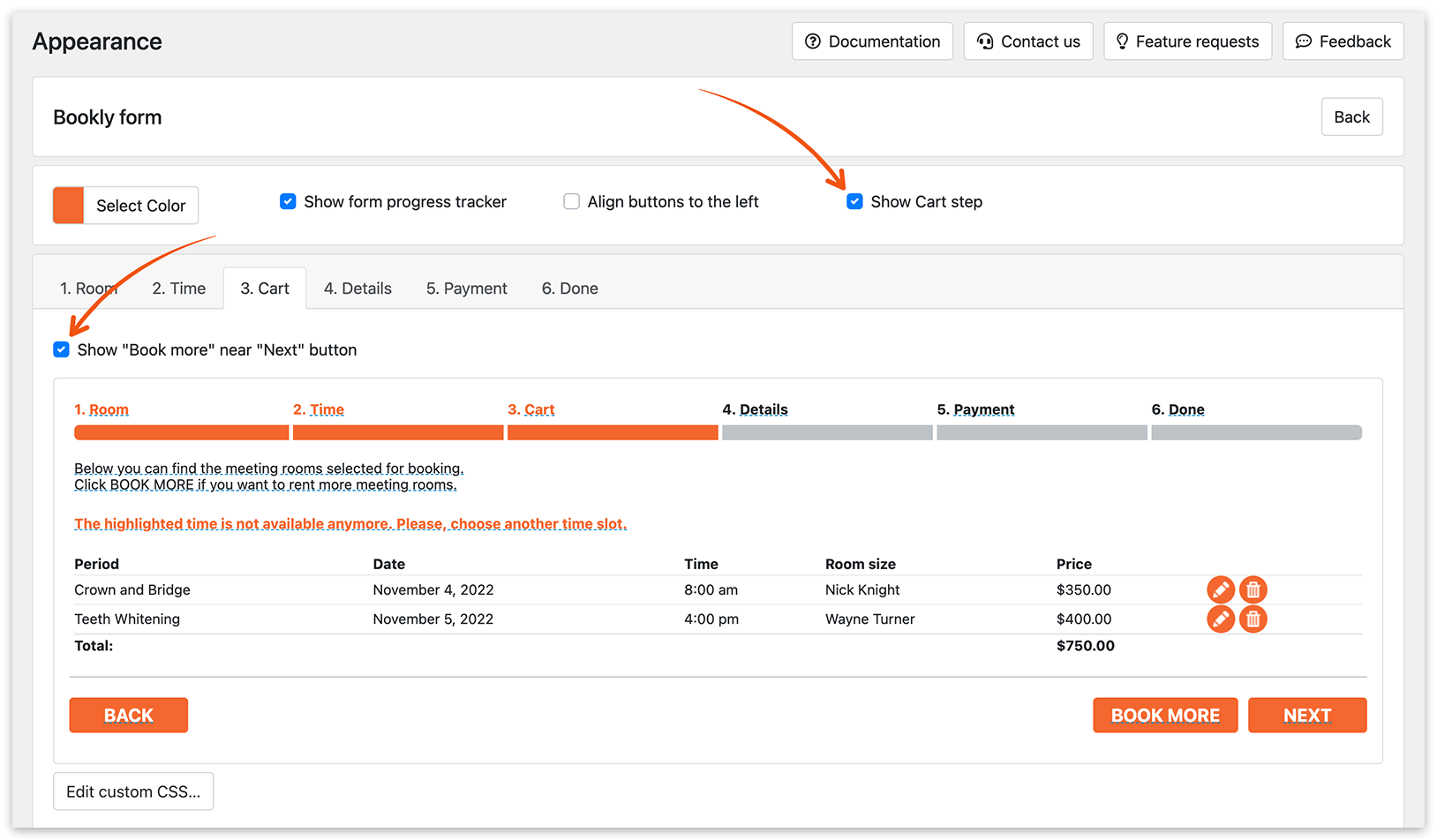 Appearance section in Bookly PRO – Cart step