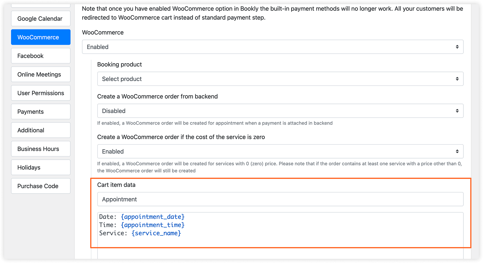 Bookly PRO settings – WooCommerce section