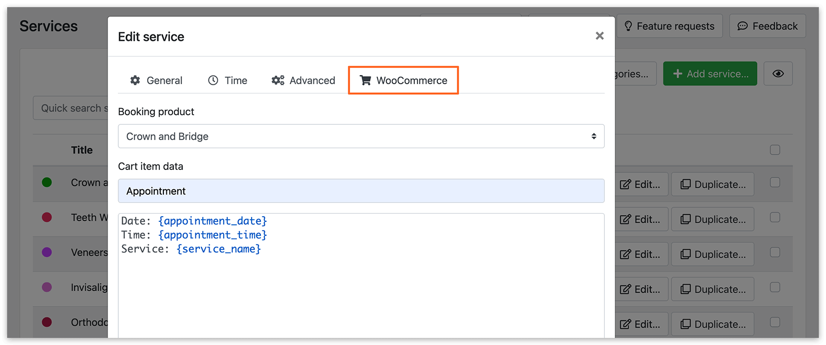 Edit service in Bookly PRO – WooCommerce tab