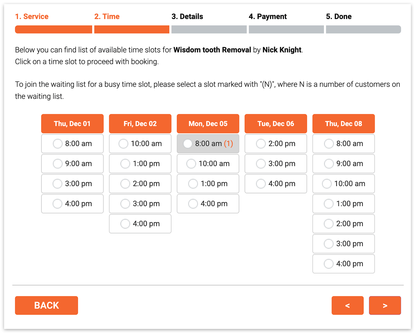 Bookly booking form – waiting list slots