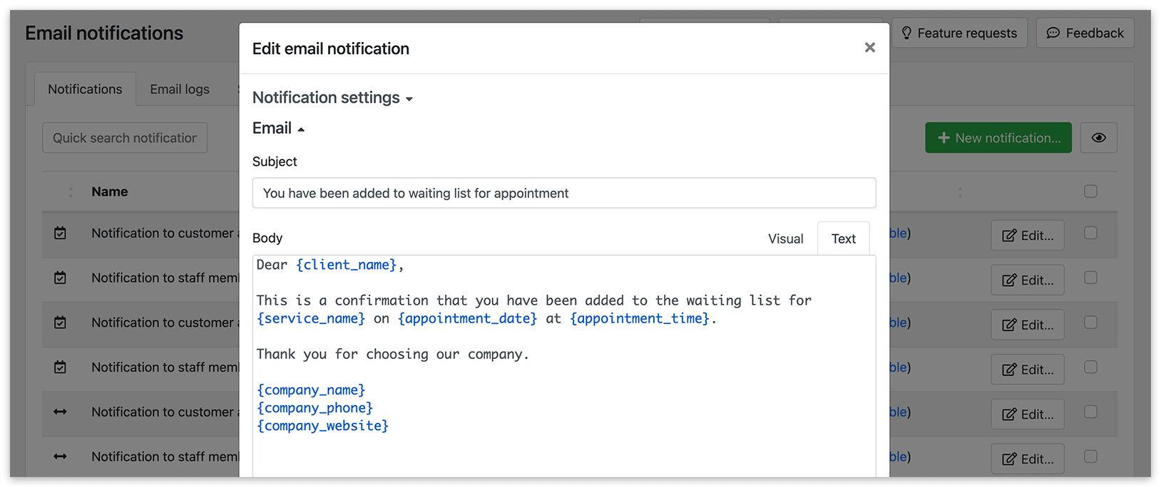Email notifications section in Bookly