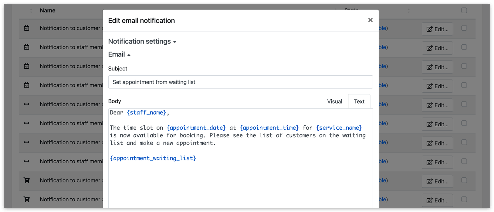 Email notifications section in Bookly