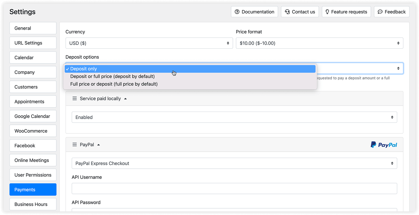 Bookly Settings – Deposit options