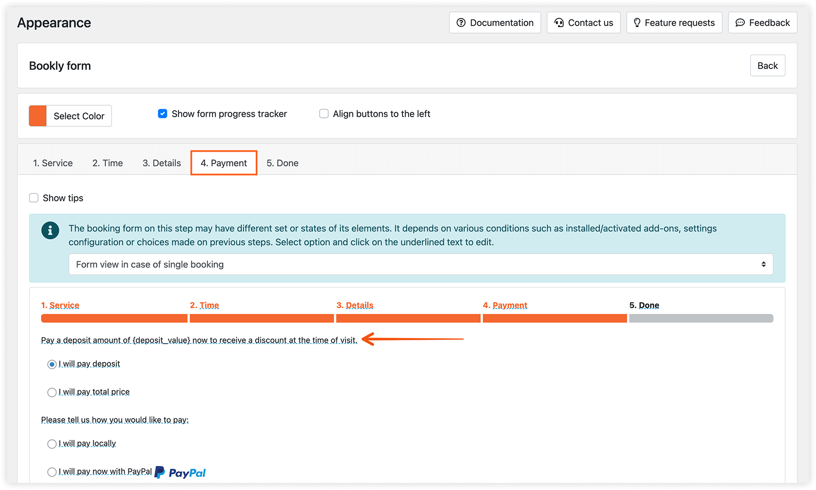 Appearance section in Bookly – Step by step form